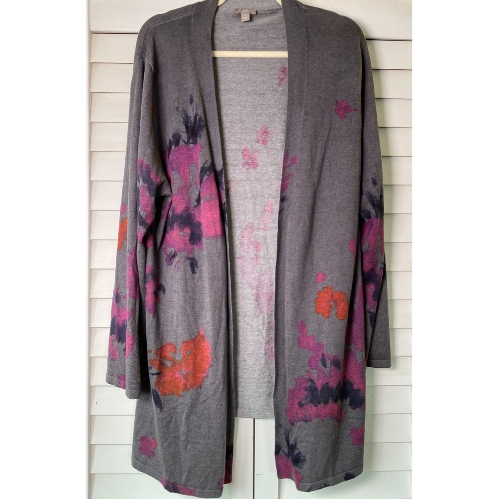 J. Jill Women's Floral Print Silk Blend Long Sleeve Open Long Cardigan Luxe | XL
